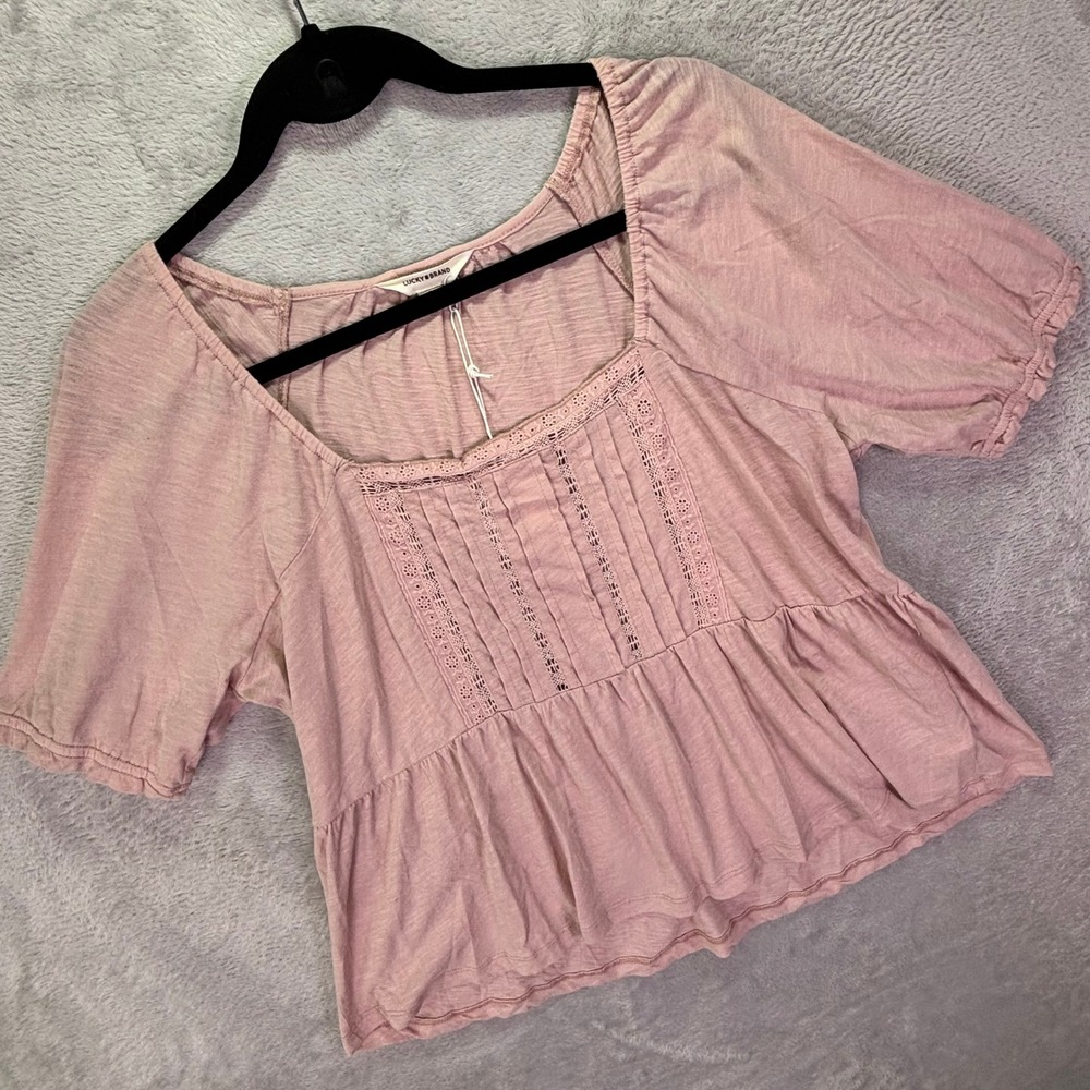 NWT Lucky Brand Women Top Sz L Pink Eyelet Lace Pintuck Peplum Puff Sleeve Boho